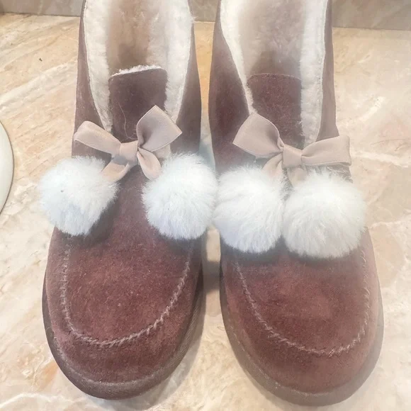 UGG Brown Ankle Boots with White Pom Poms - Picture 2 of 7